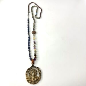 Long Mixed Gemstone Beaded Bohemian Necklace, Vintage St. Anthony Pendant